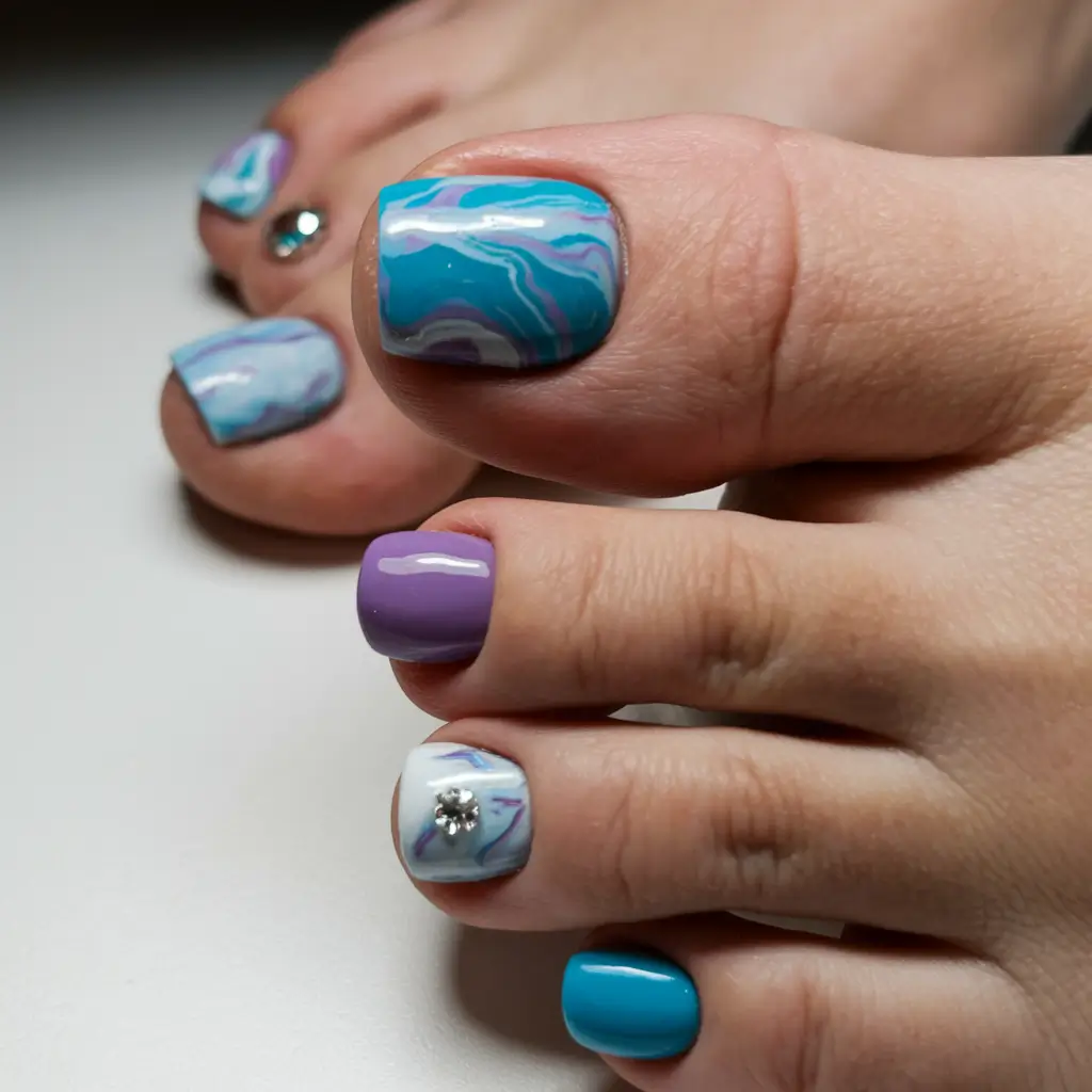gel toe nails ideas beach Coastal Marble Mix with Jewel Detail