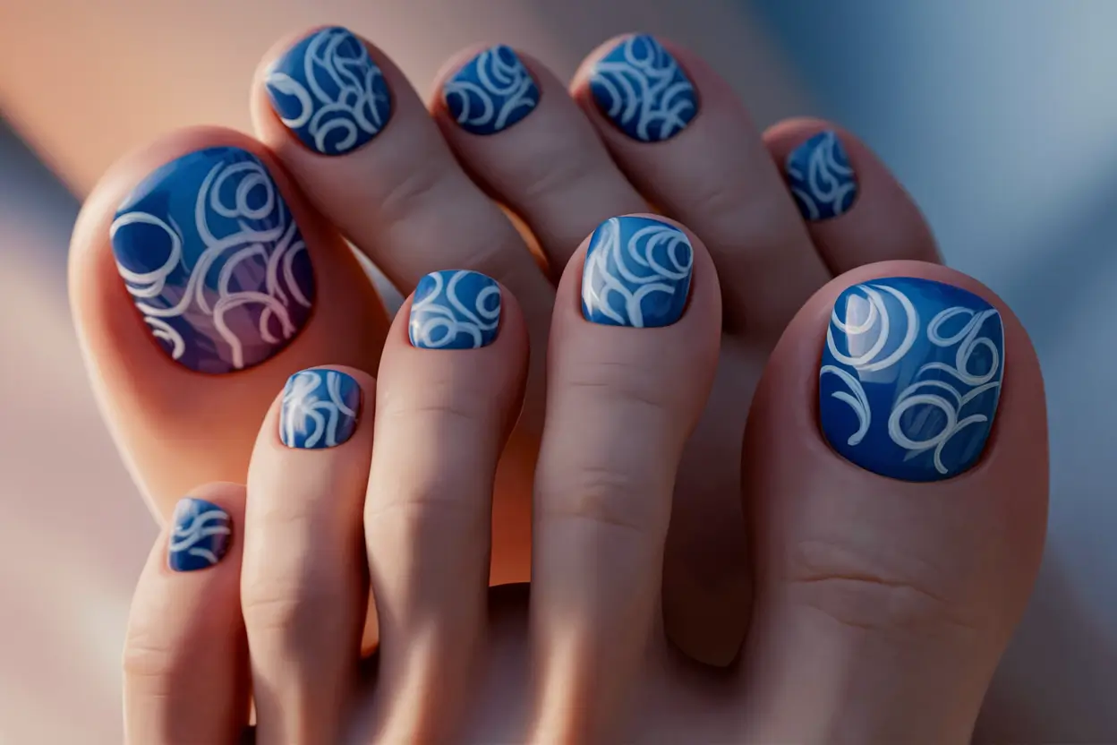beach toe nails vacation ocean Ocean Whirls in Blue and White