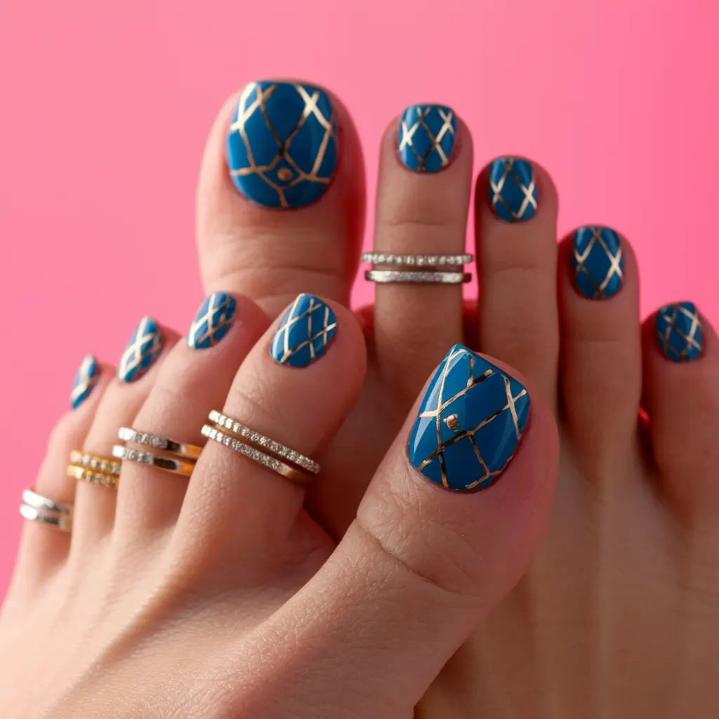 beach toe nails designs toenails Golden Grid Over Deep Blue