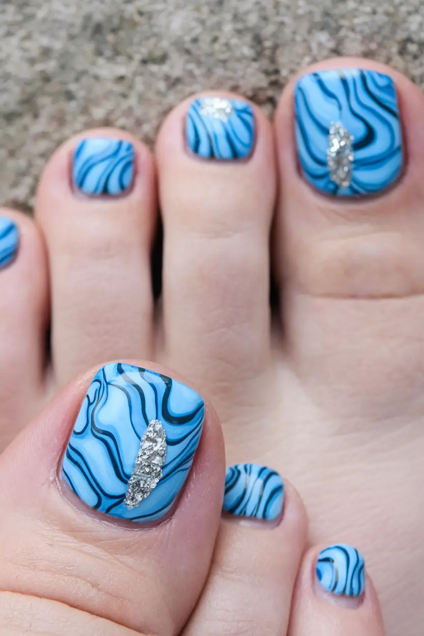 beach toe nails vacation simple Green Swirl Meets Black Gloss