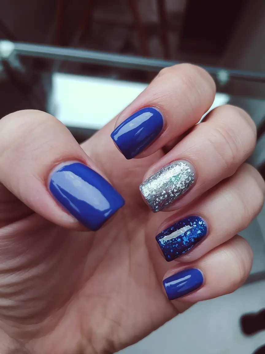 best nail colors for july Electric Blue Meets Glitter Glam