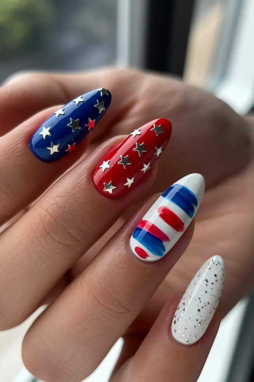best nail colors for july Glossy Patriotic Stars and Modern Brush Stripes