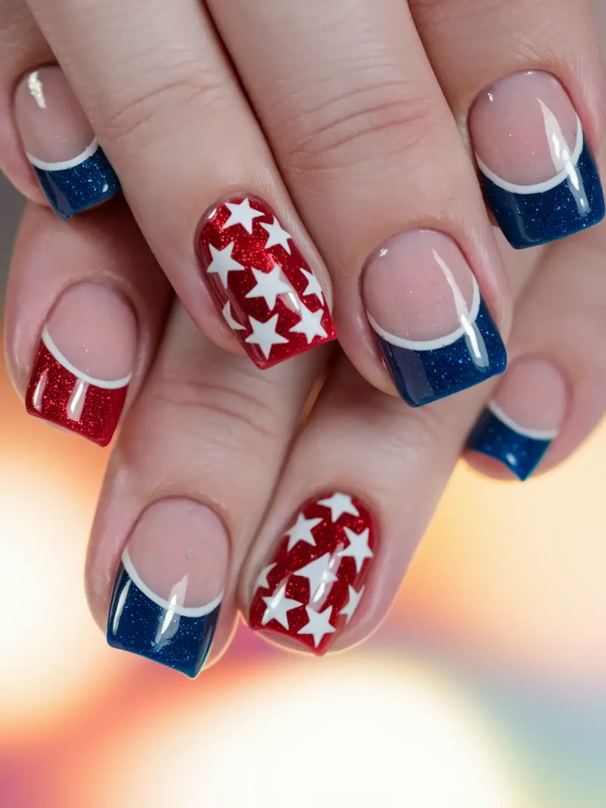 july toe nail colors Classic Glitter Star French with Firework Flair
