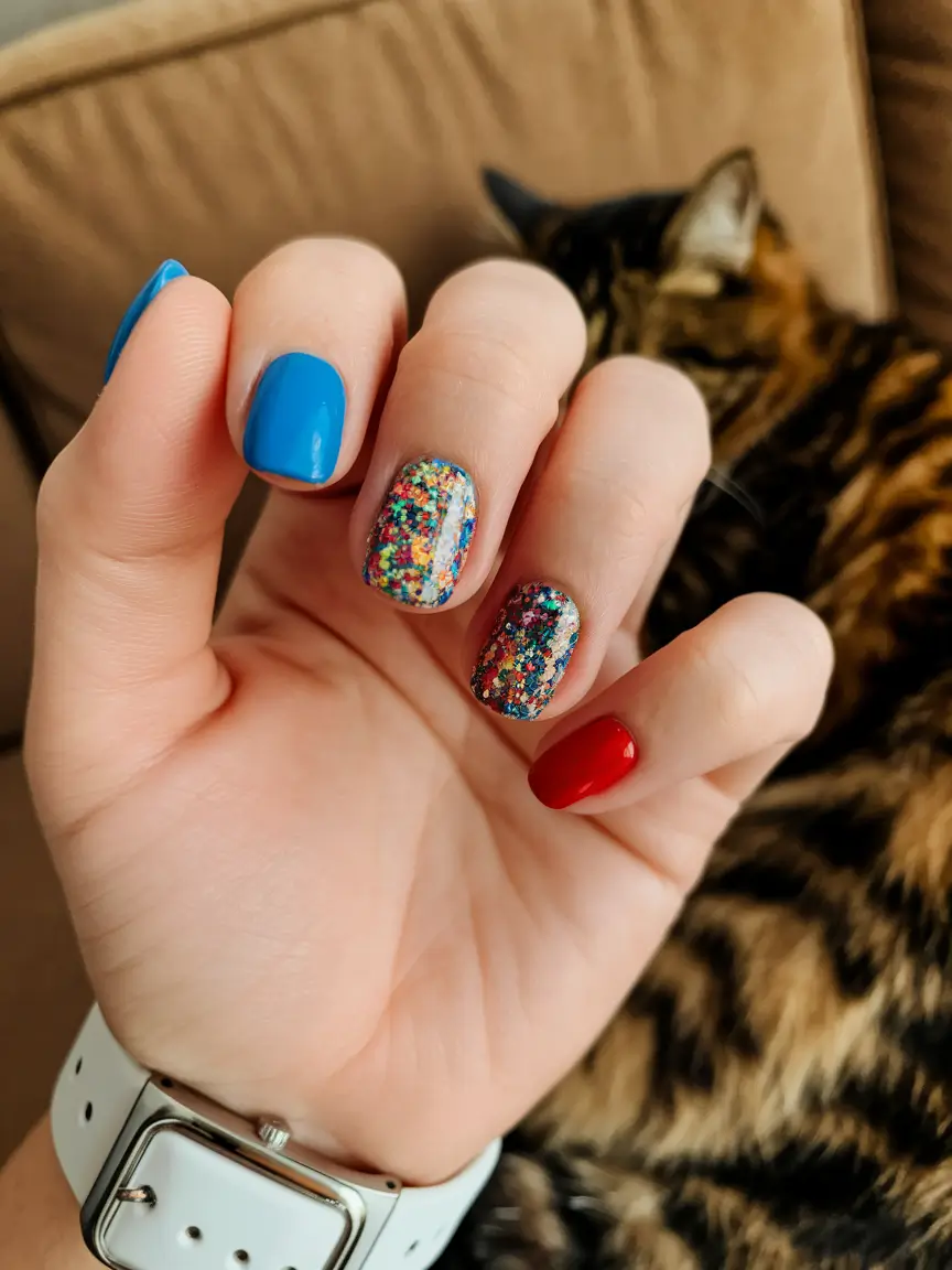 july nail polish colors Confetti Burst and Bold Primaries