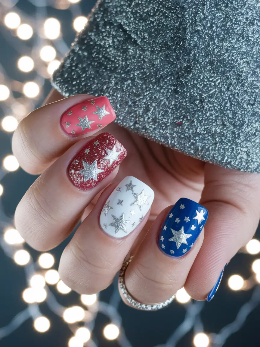 best nail colors for july Shimmering Stars on Patriotic Base