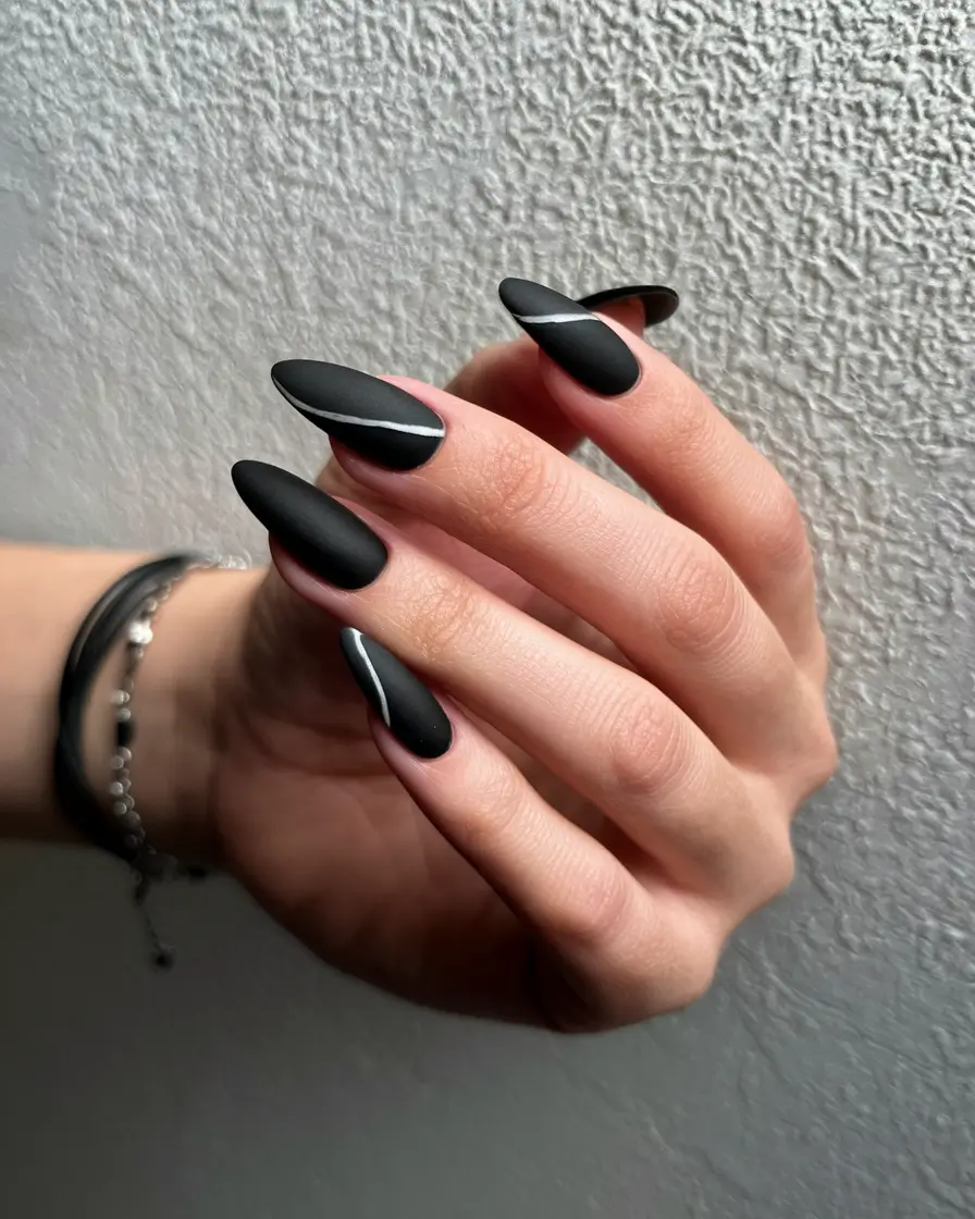black summer nails almond Minimal Matte with a Silver Slit