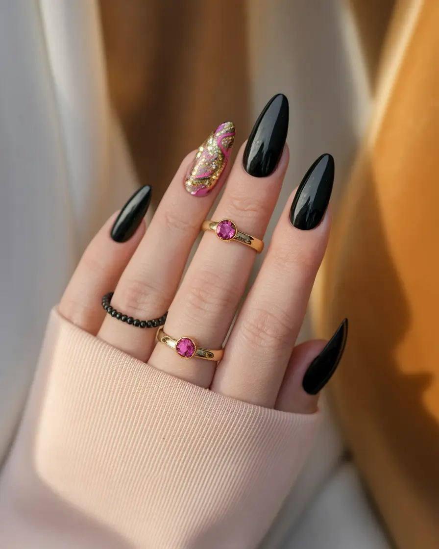 black summer nails Glitter Glam Meets Noir Minimalism