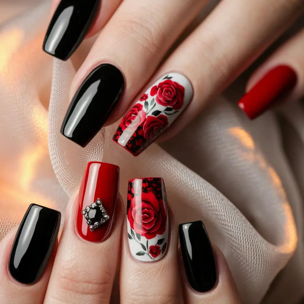 black summer nails Red Roses & Black Magic