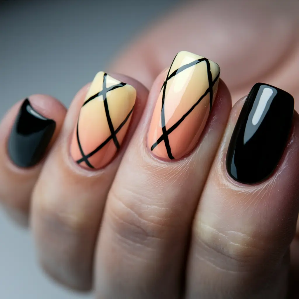 black summer nails Sunset Ombre with a Jet-Black Twist