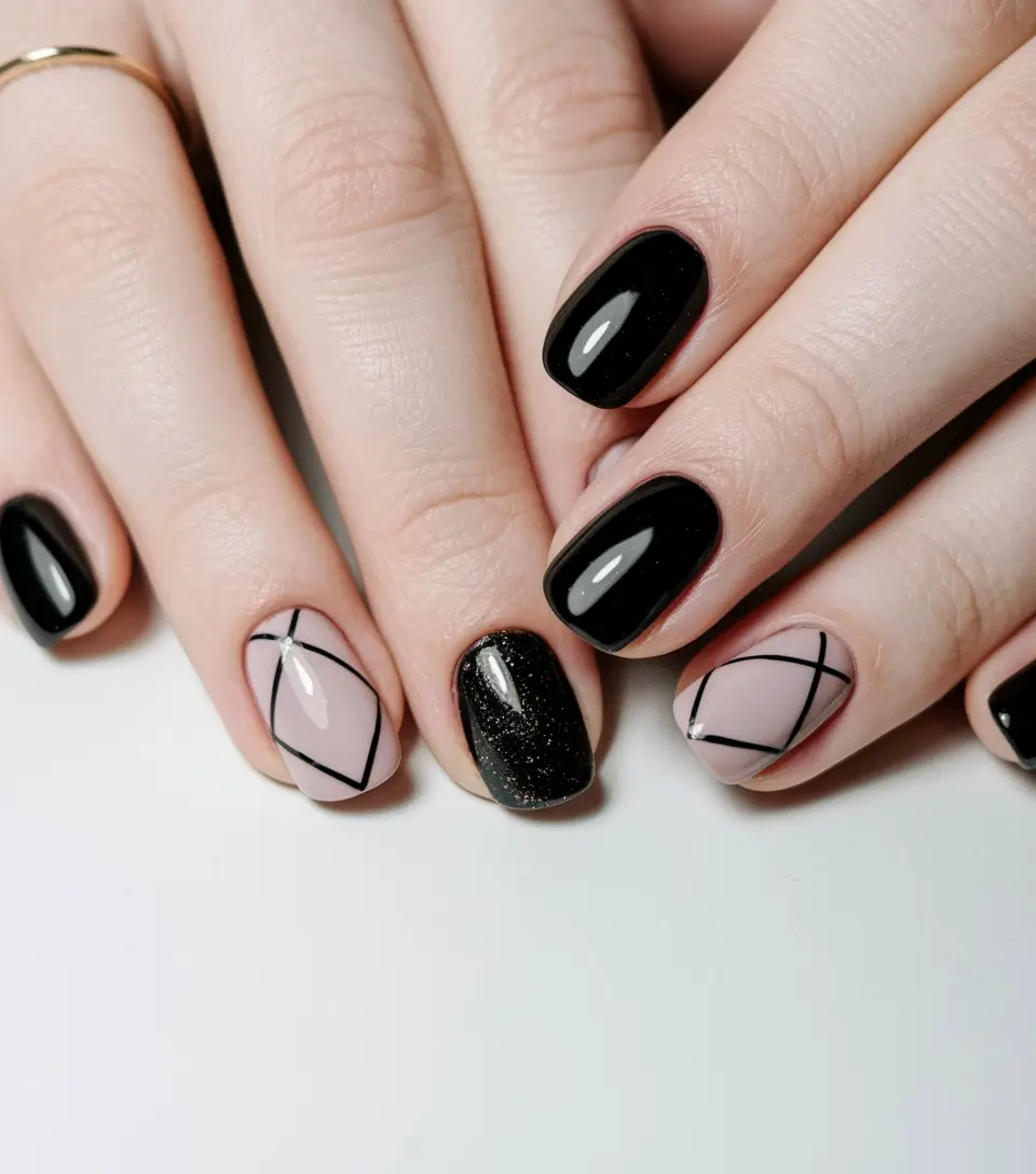 black summer nails short Glossy Noir with Nude Grid Accents