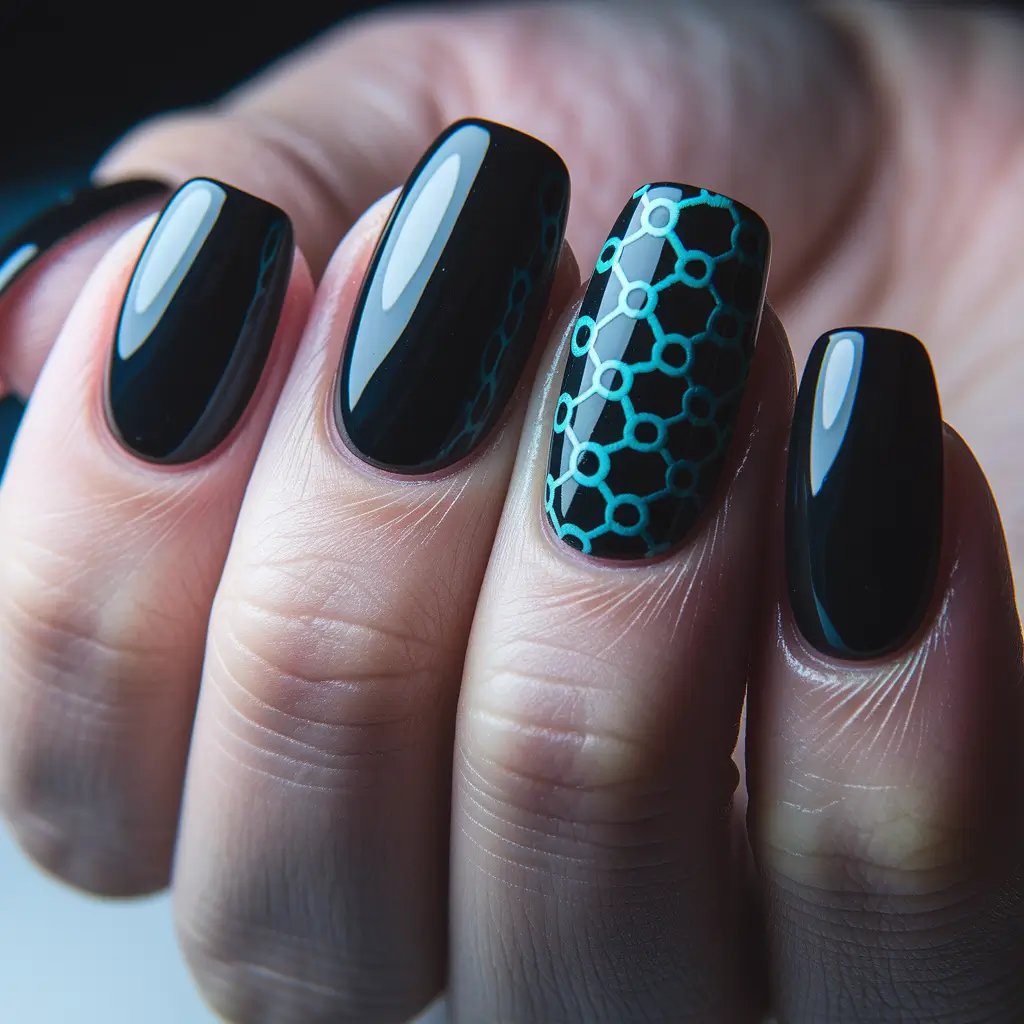 black summer nails ideas Teal Honeycomb Accent on Deep Gloss Black