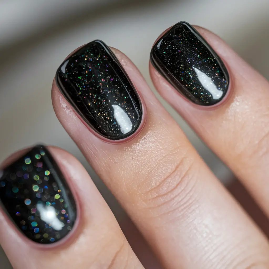 black summer nails acrylic Glossy Galaxy Microglitter Nails
