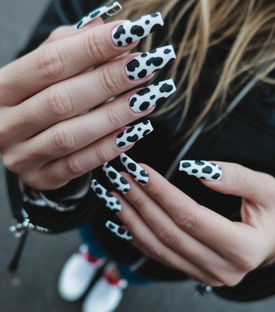 black summer nails coffin Cow Print Couture