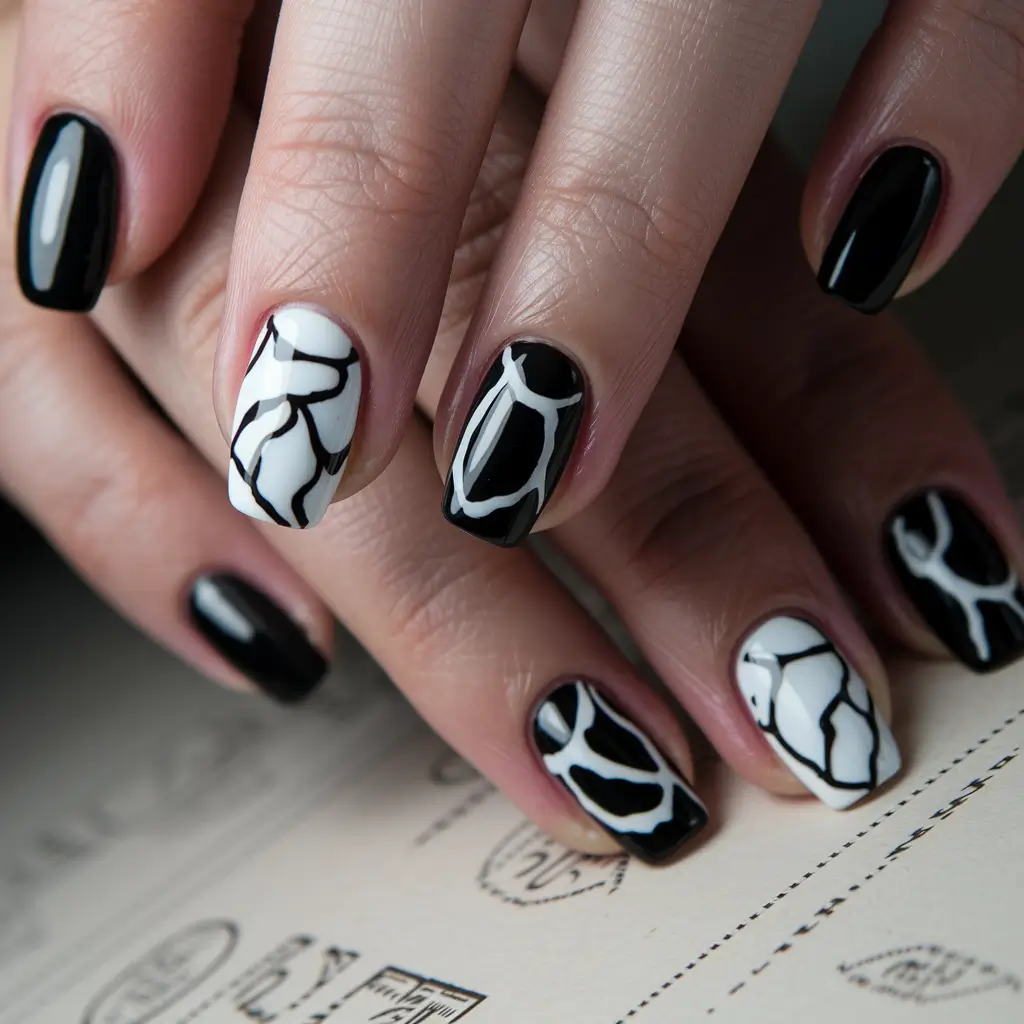 black summer nails Monochrome Floral Outlines for Graphic Elegance