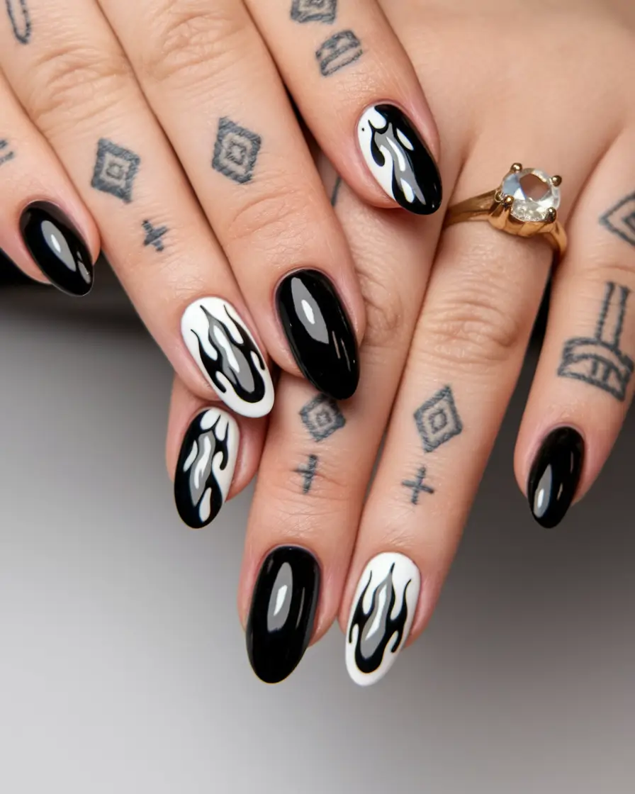 black summer nails Retro Flames Meet Almond Drama