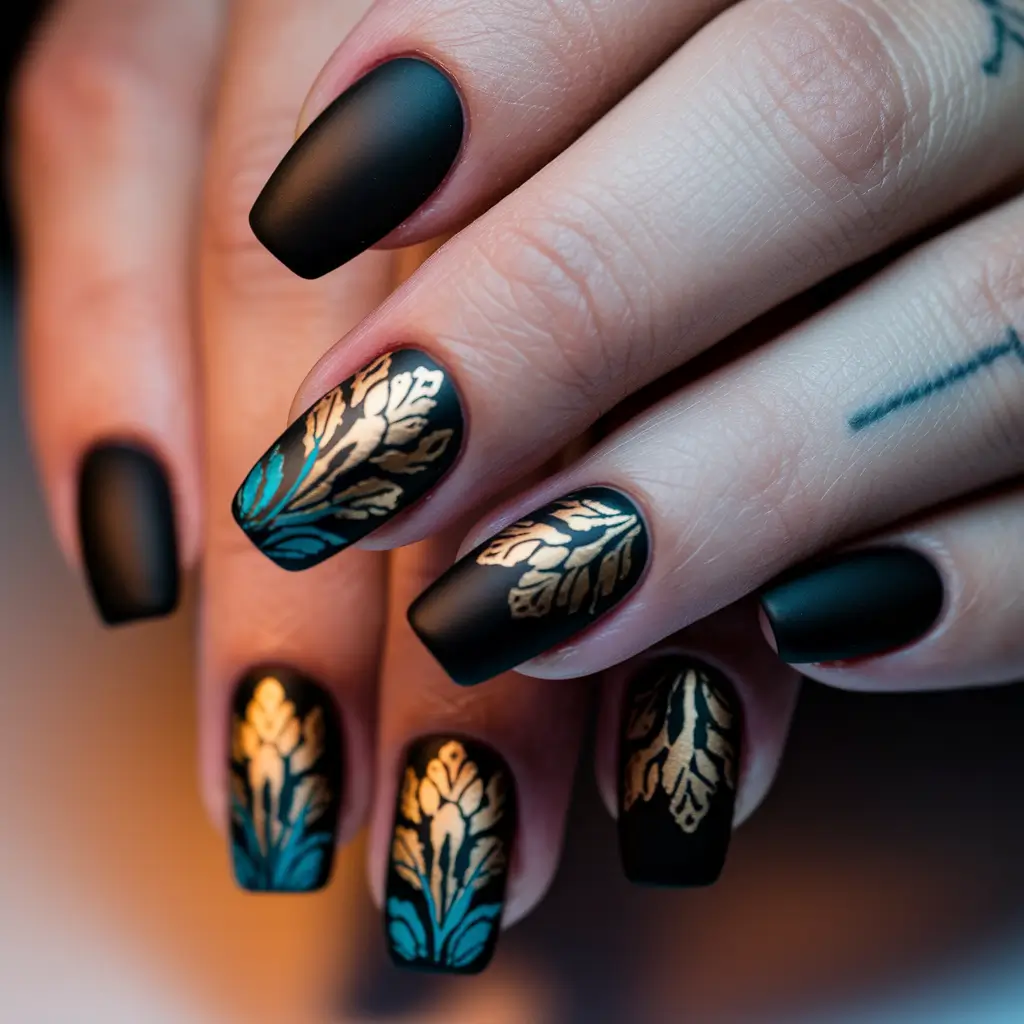black summer nails Baroque Vibes with a Matte Touch
