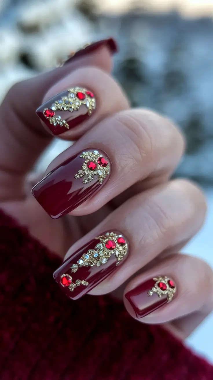 red nails summer Garnet Glam with Golden Embellishments