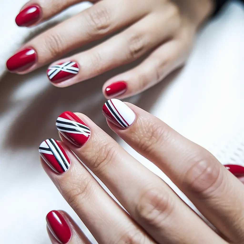 red nails summer art designs Chic Diagonal Stripes with Red and White Accents