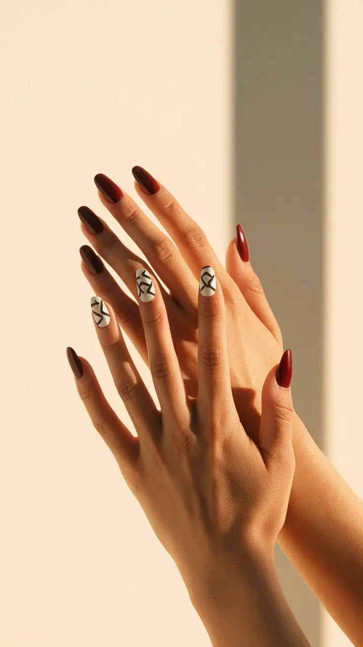 red nails summer almond Matte Burgundy Meets Minimal Abstract