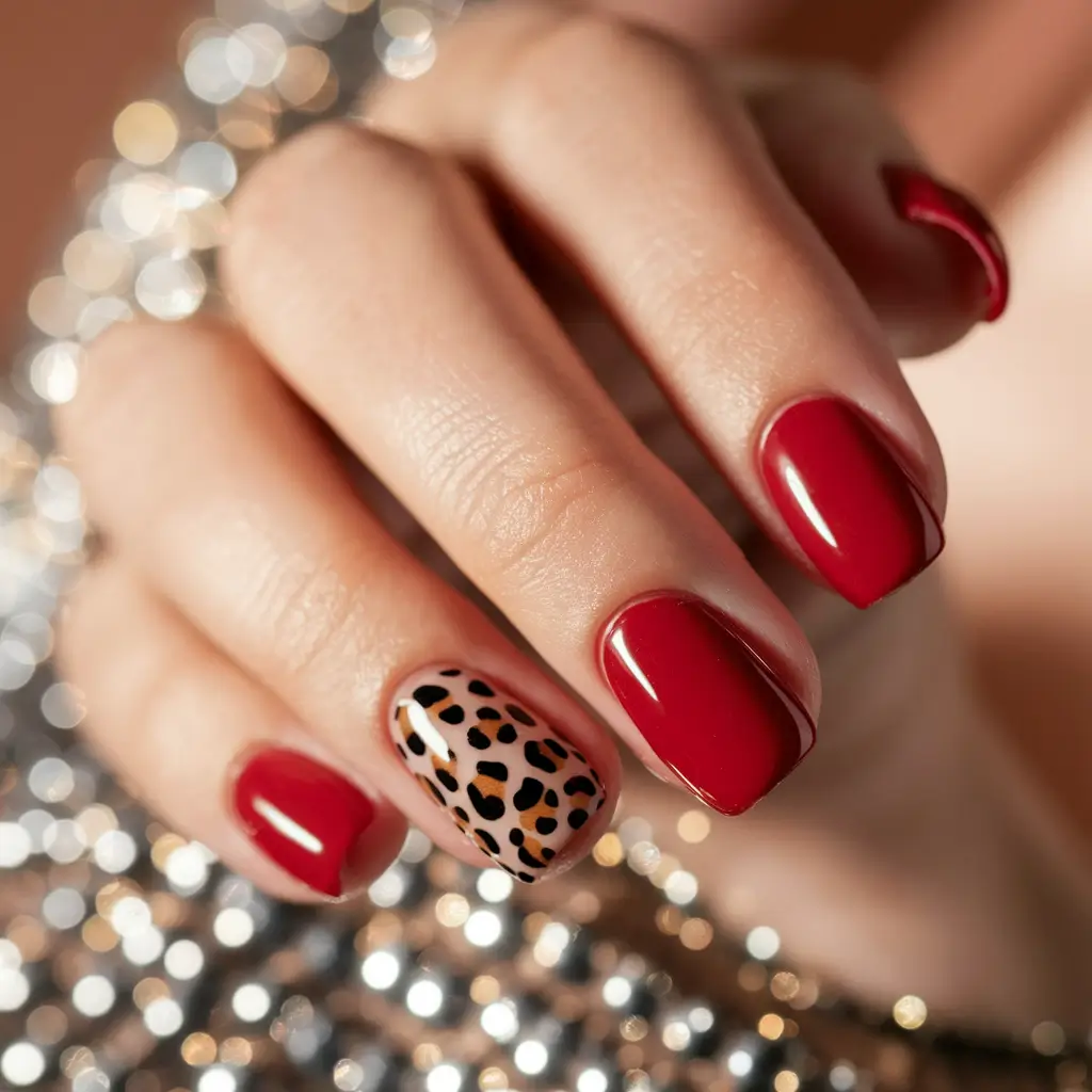 red nails summer ideas Classic Red with Wild Leopard Twist
