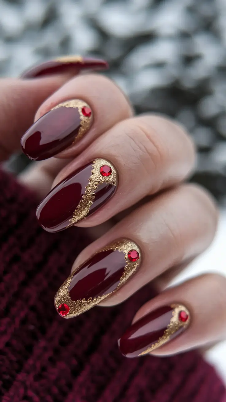 red nails summer short wine Gilded Glamour with Ruby Accents