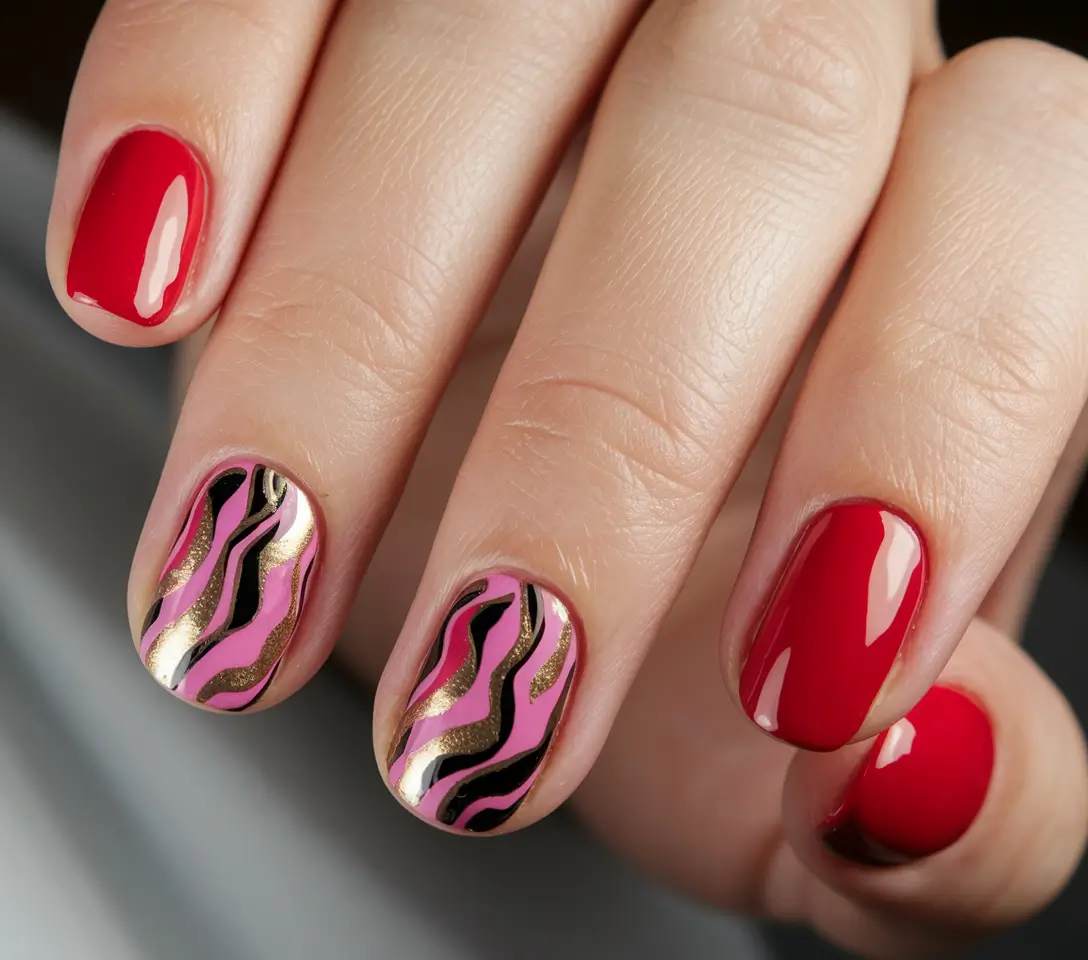 red nails summer Electric Coral with Graphic Black Swirls
