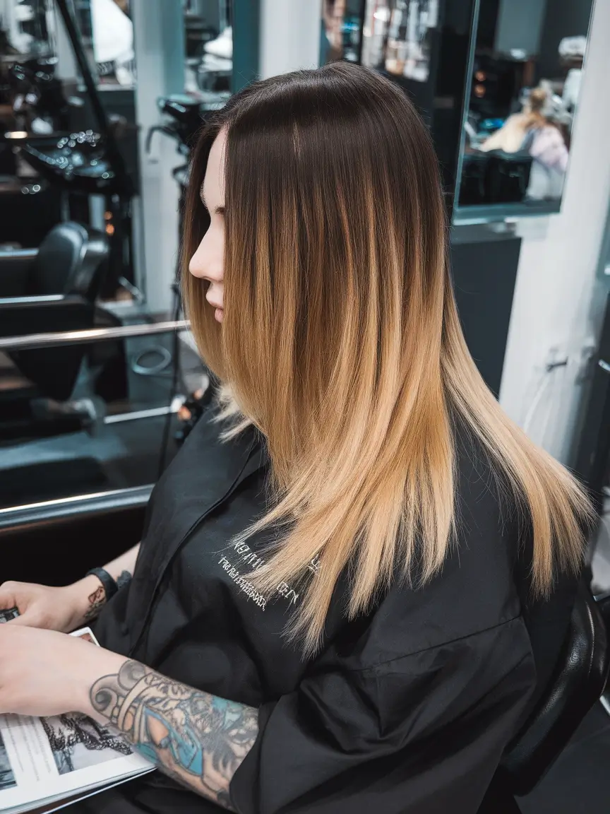 summer-brunette-hair-balayage-sun-kissed-highlights+Smoky Melt with a Sleek Finish