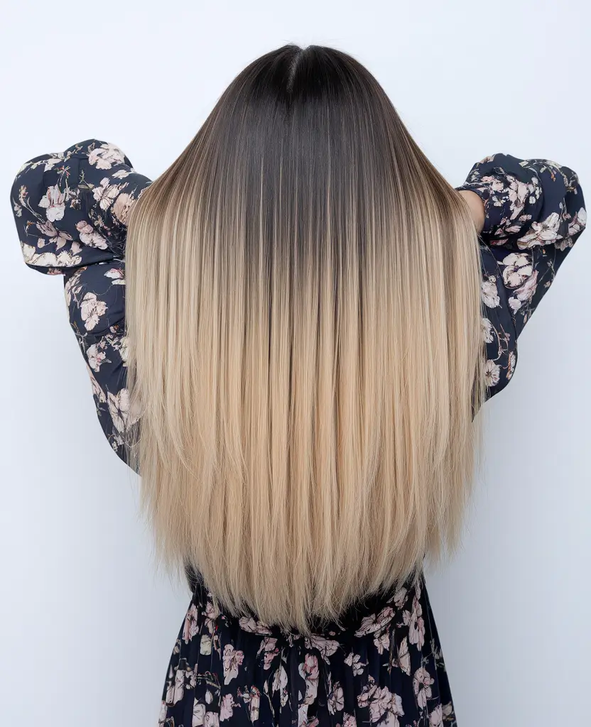 sun-kissed-highlights-brunette-straight-hair+Blonde Dip-Dye Drama