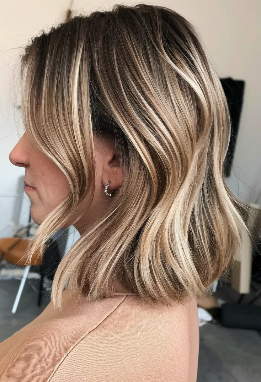 brunette highlights summer sun kissed Chic Mid-Length Melt with Buttery Blonde Accents