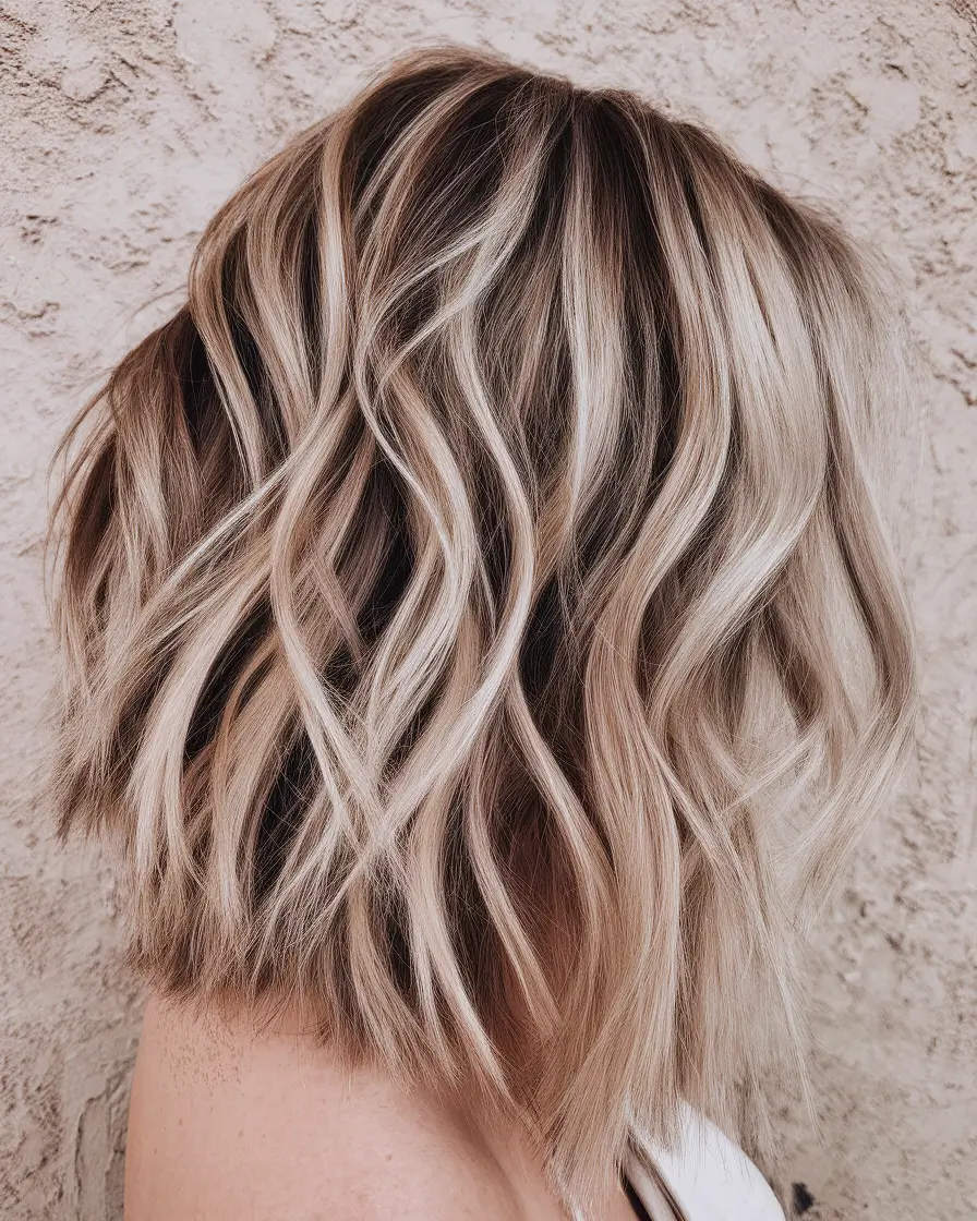 sun kissed highlights brunette short hair Softly Tousled Bob with Rooted Dimension