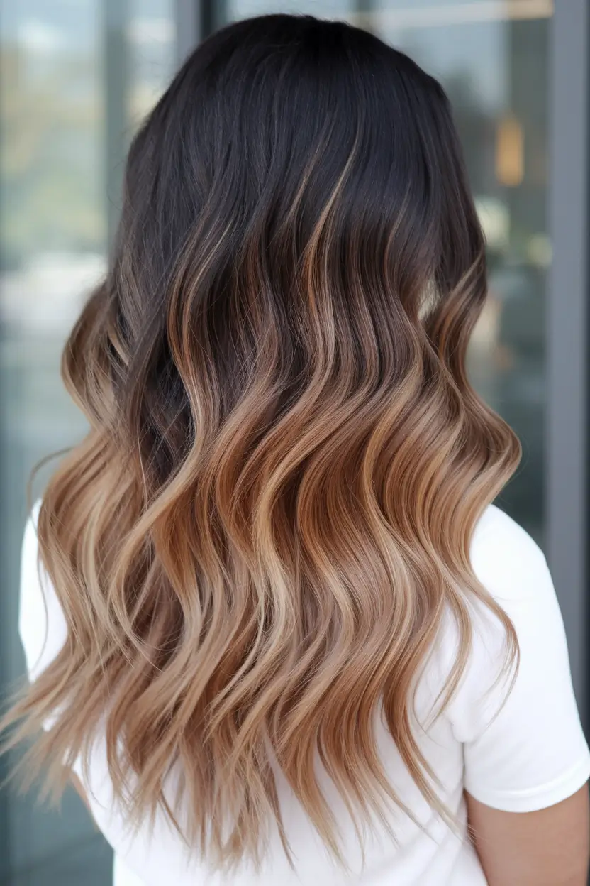 brunette highlights summer sun kissed Golden Lush Balayage on Long Layers