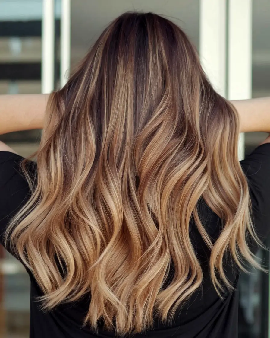 brunette highlights summer sun kissed Golden Toned Cascades with Dimensional Lift