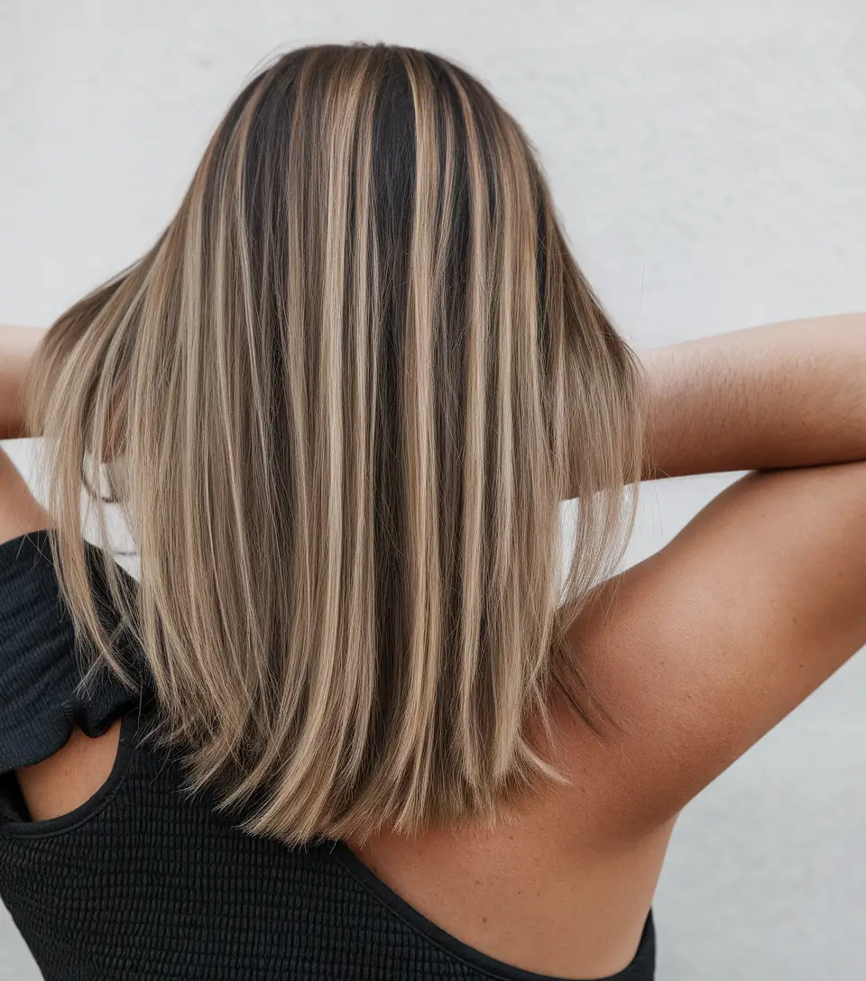 sun kissed highlights brunette straight hair Layered Precision with Blonde Veining