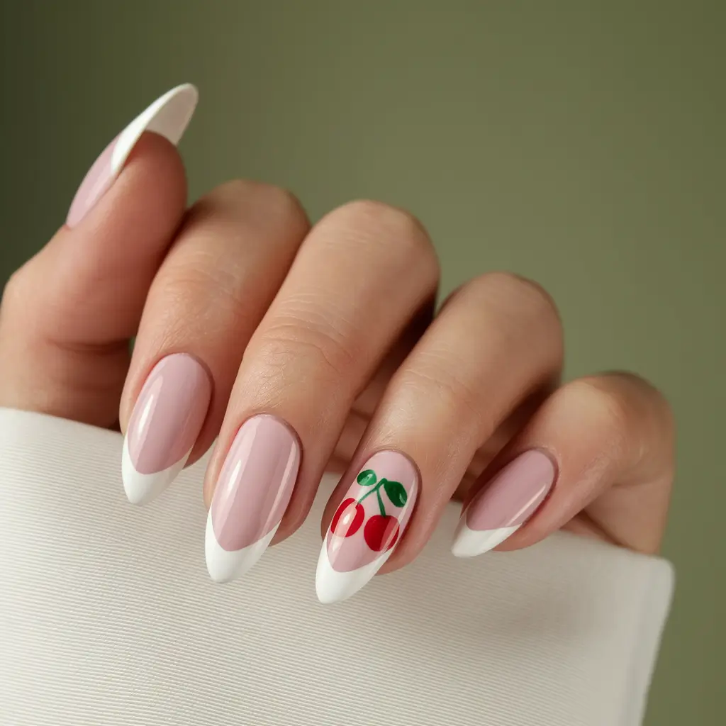 cherry nail inspo almond French Tip Flair with a Juicy Cherry Accent