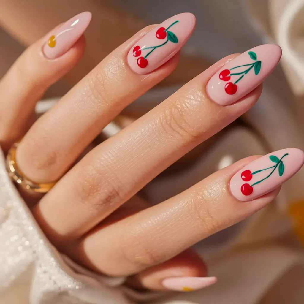 cherry nail inspo that pops in 2025 Minimalist Cherry Mood with a Blush Base
