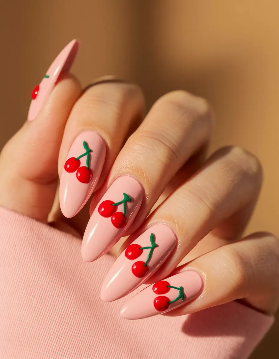 cherry nail inspo that pops in 2025 Bold 3D Cherry Pop on Almond Tips