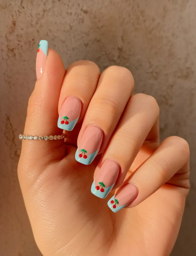 cherry nail inspo that pops in 2025 Cherry French Tip with a Splash of Blue