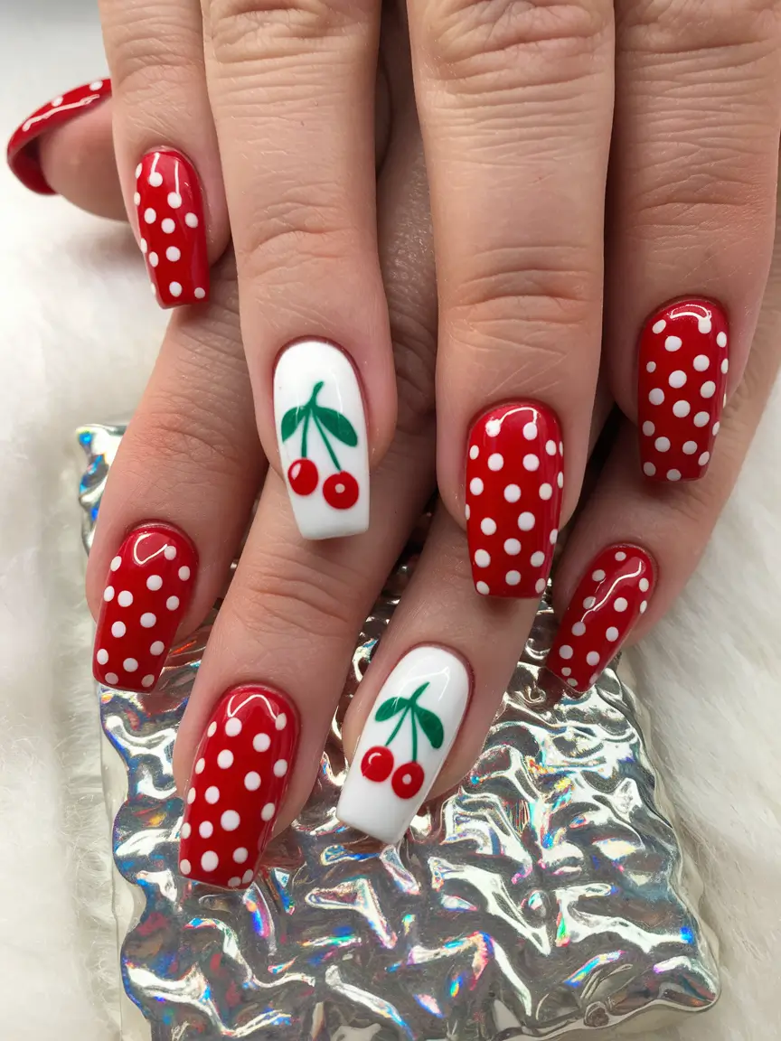 cherry nail inspo that pops in 2025 Vintage Polka Dots and Sweet Fruit Vibes