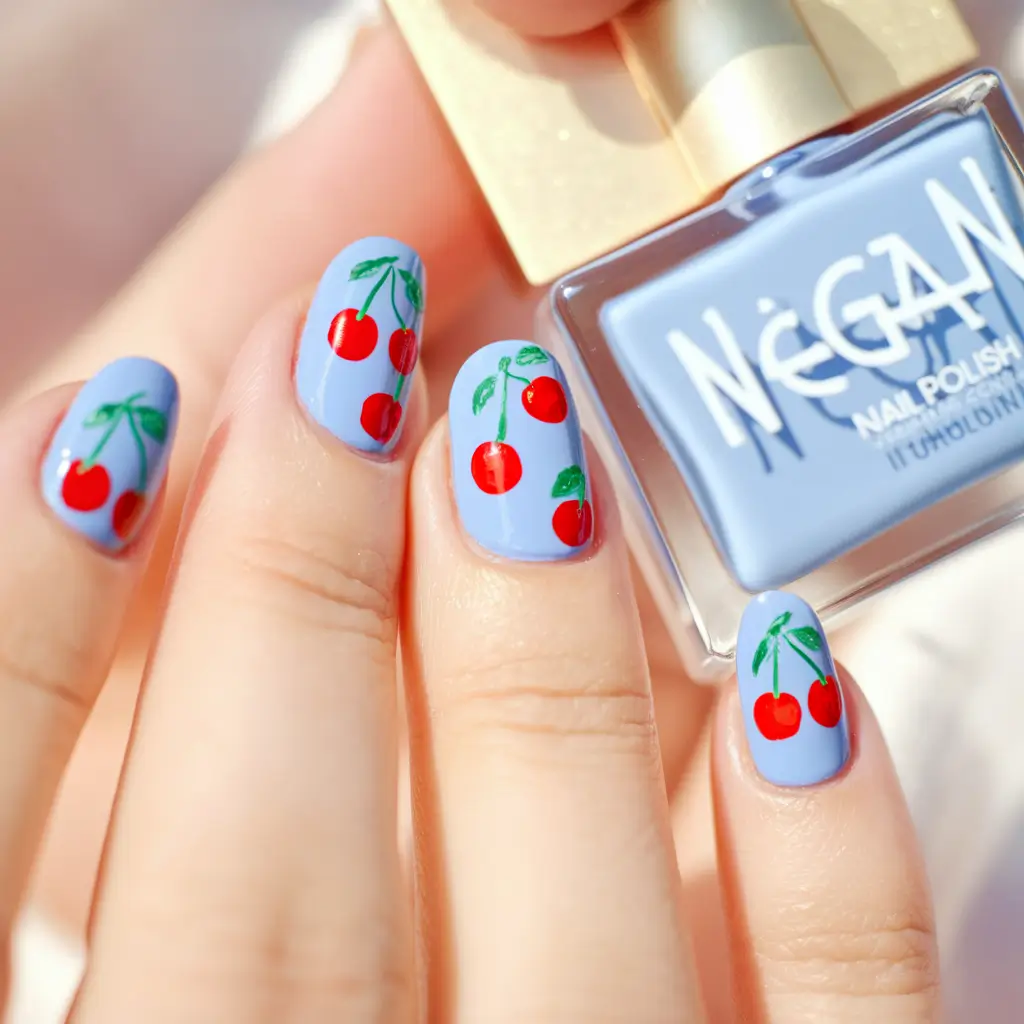 cherry nail inspo that pops in 2025 Powder Blue with Juicy Red Cherries