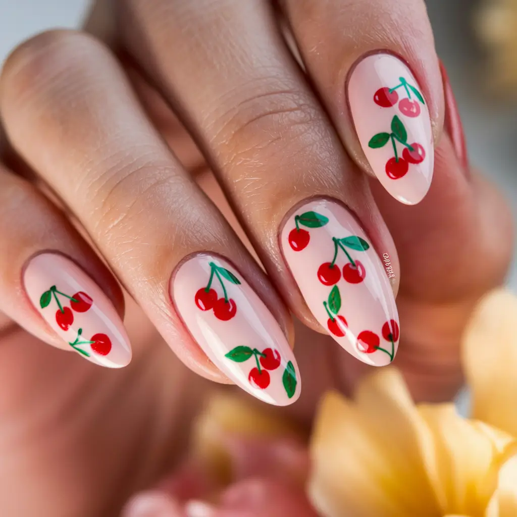 cherry nail inspo that pops in 2025 Delicate Almonds with a Cherry Garden Twist