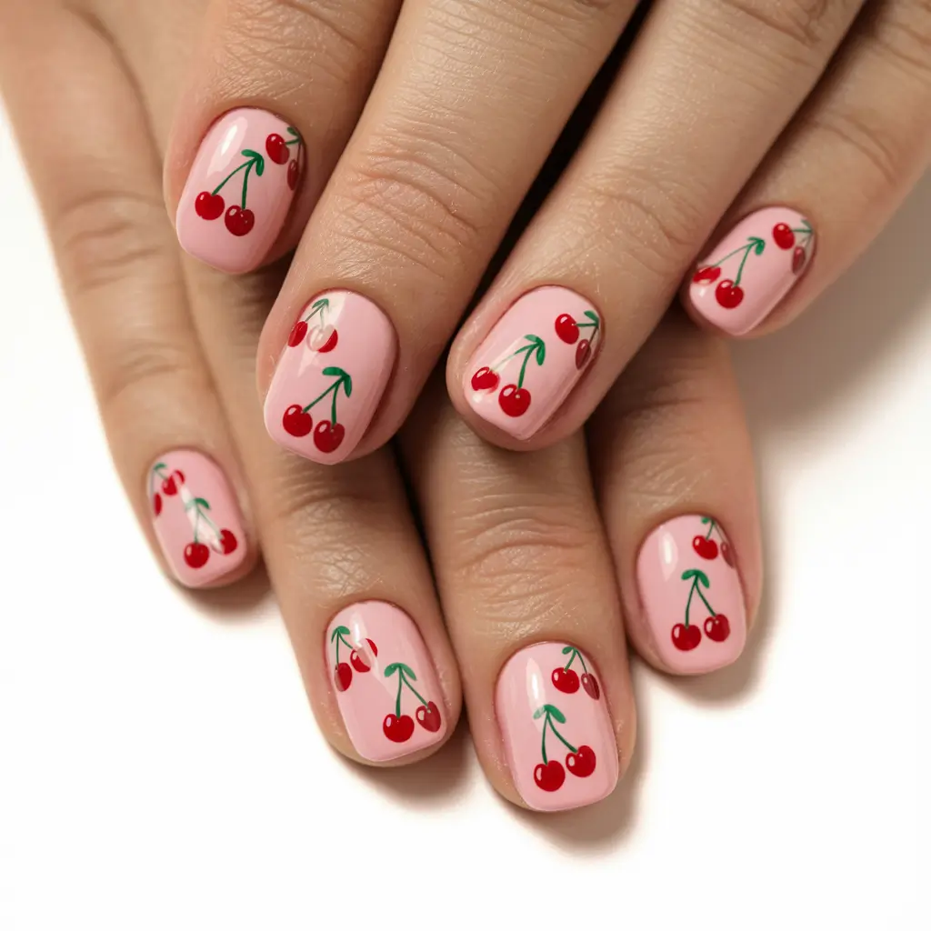 cherry nail inspo that pops in 2025 Pink Base & Cherry Scatter for Everyday Cute