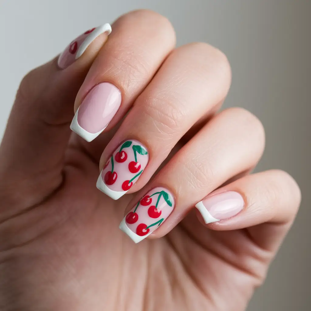 cherry nail inspo french tip French-Tipped Cherries with a Crisp White Twist
