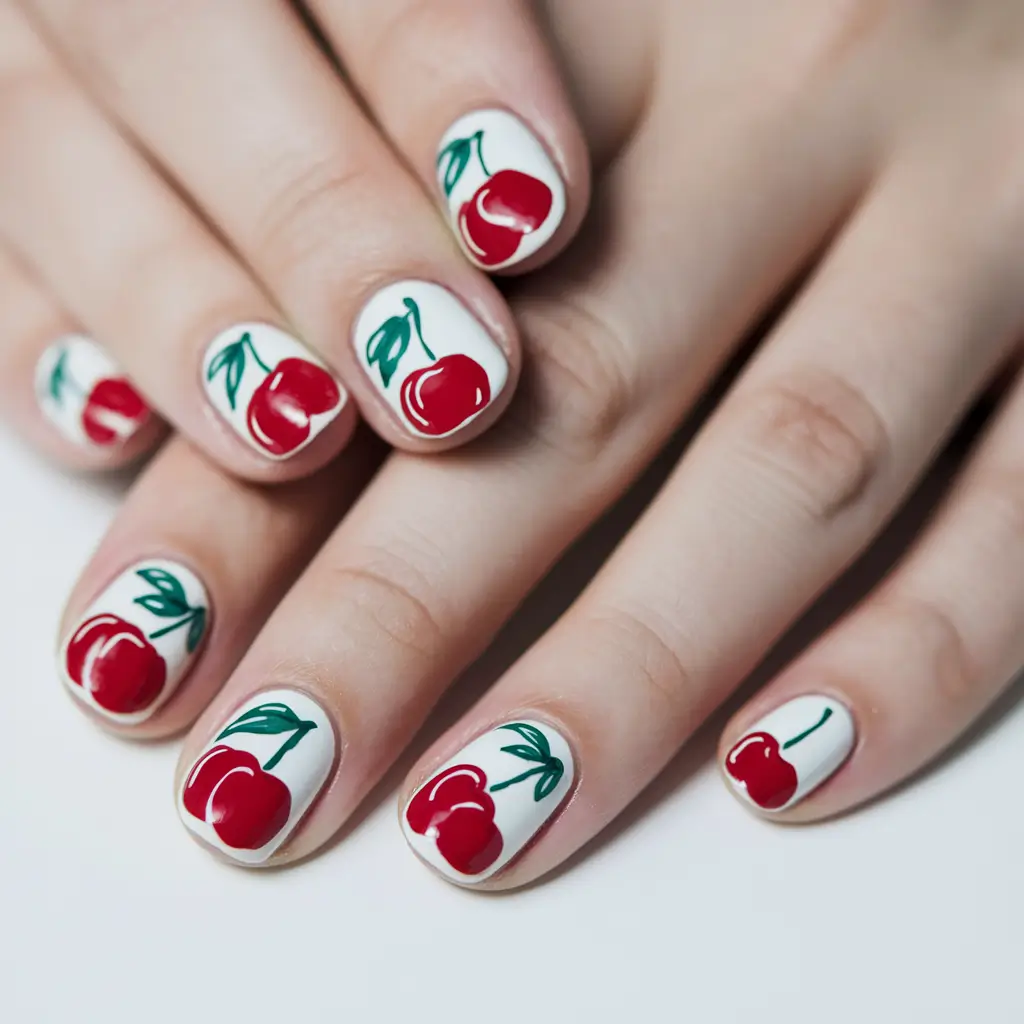 cherry nail inspo short Playful Cherry Party on Short White Tips