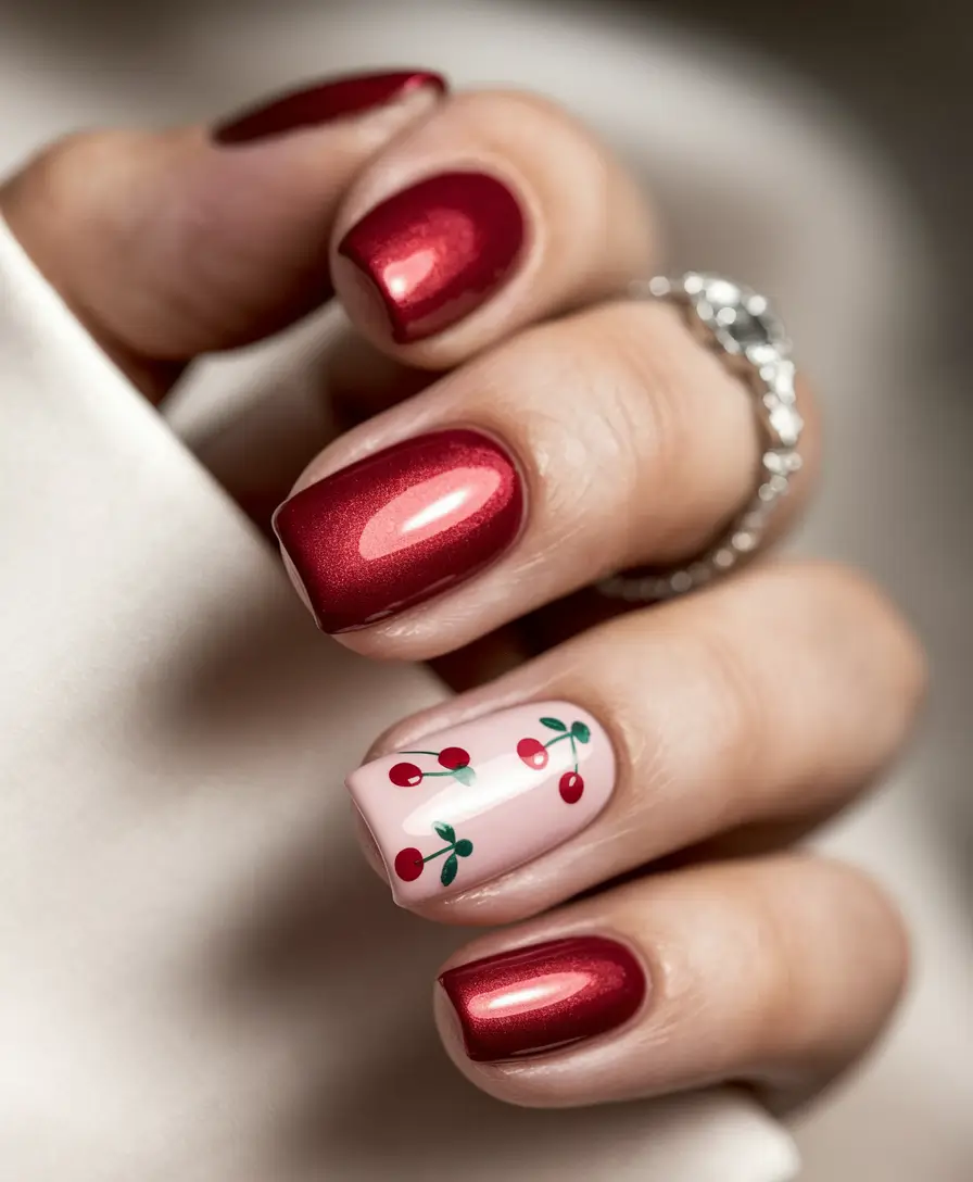 cherry nail inspo simple Classic Meets Fruity in Bold Red and Nude