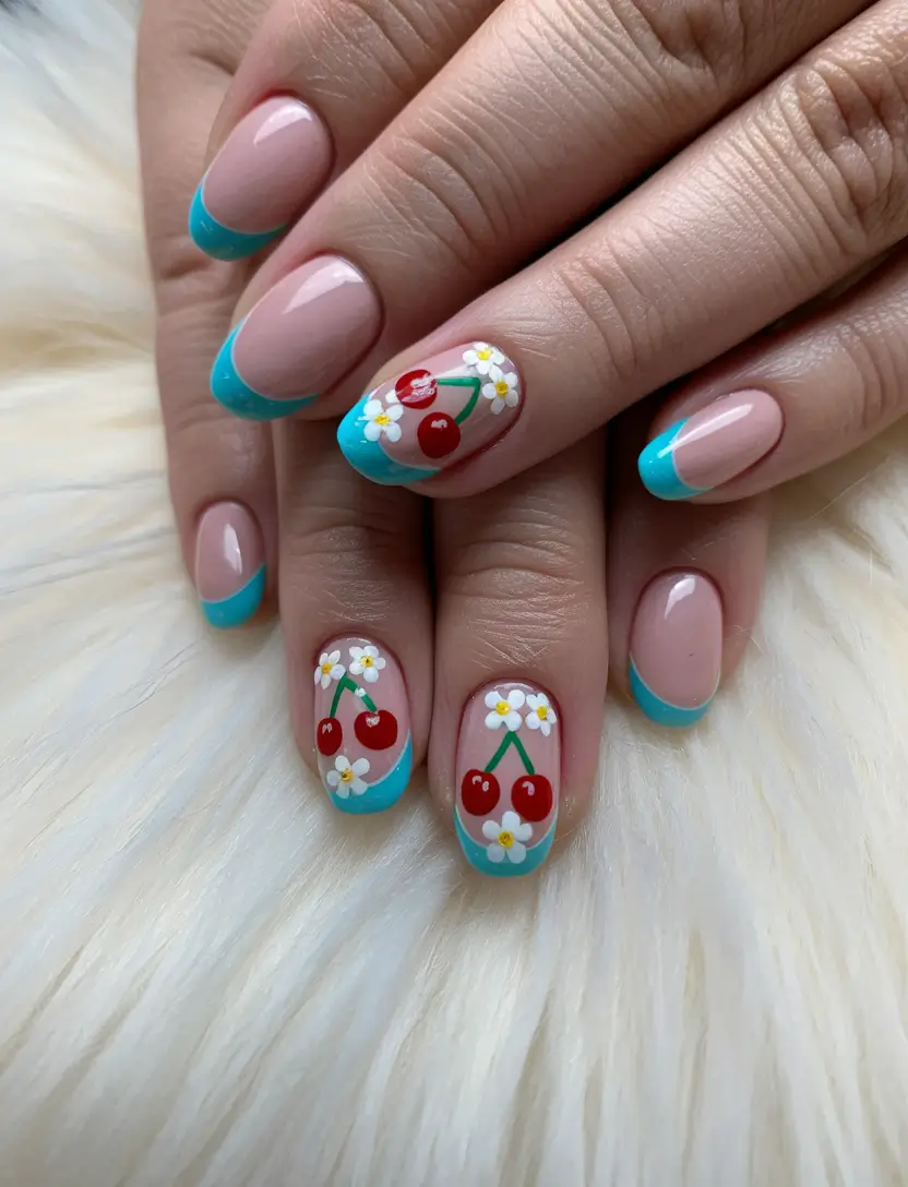 cherry nail inspo french tip Sky-Blue French Tips with Cherry Blossom Vibes