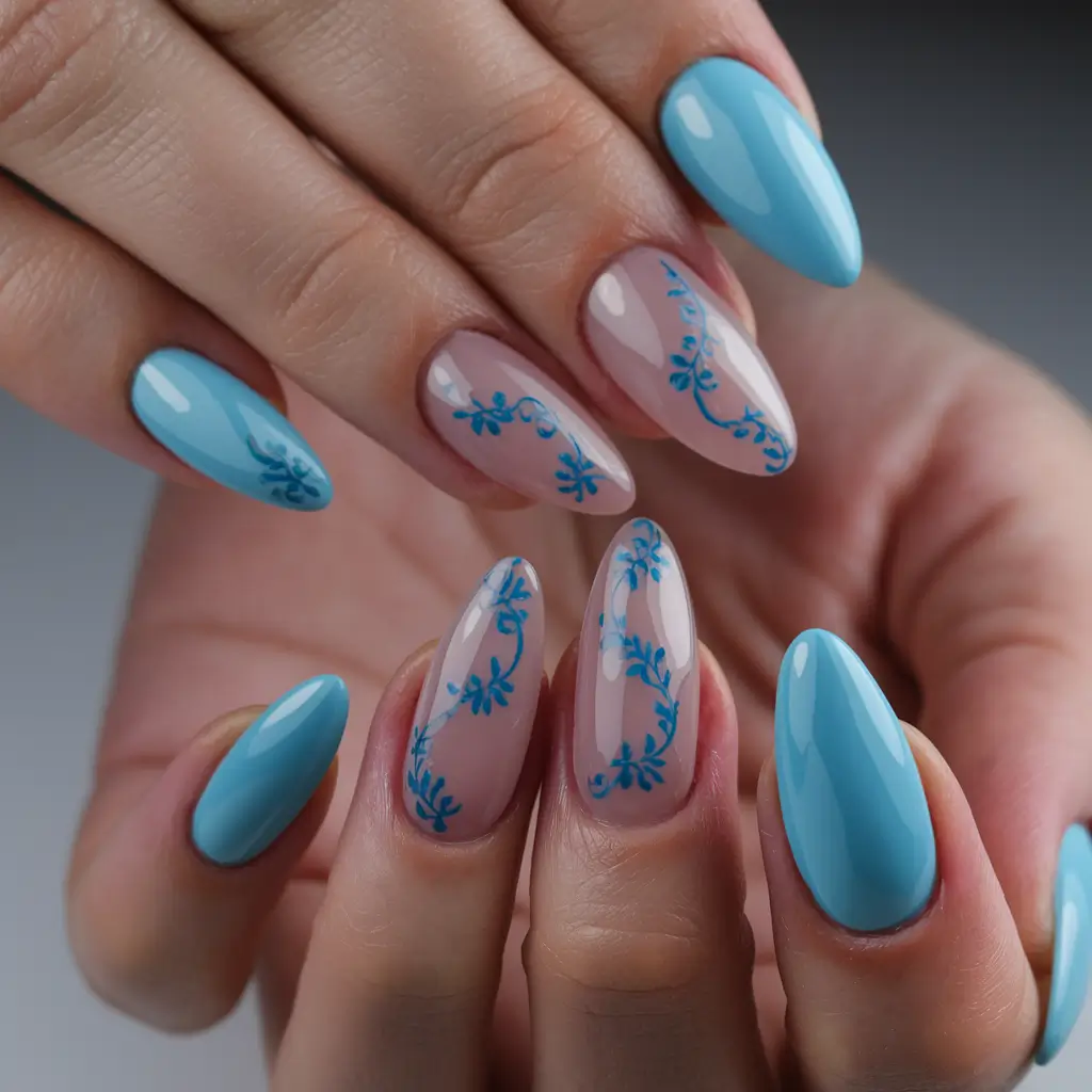 blue nails summer aesthetic Ocean Fade with Crystal Accents