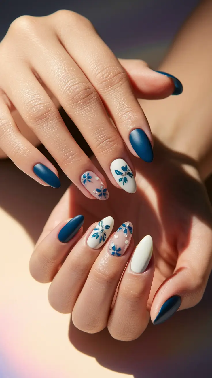 blue nails summer flower White and Blue Blossoms on a Sheer Base
