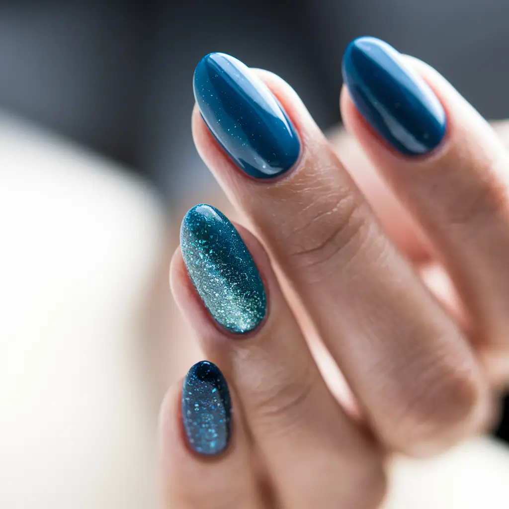 blue nails summer aesthetic Ocean-Sparkle Almond Tips