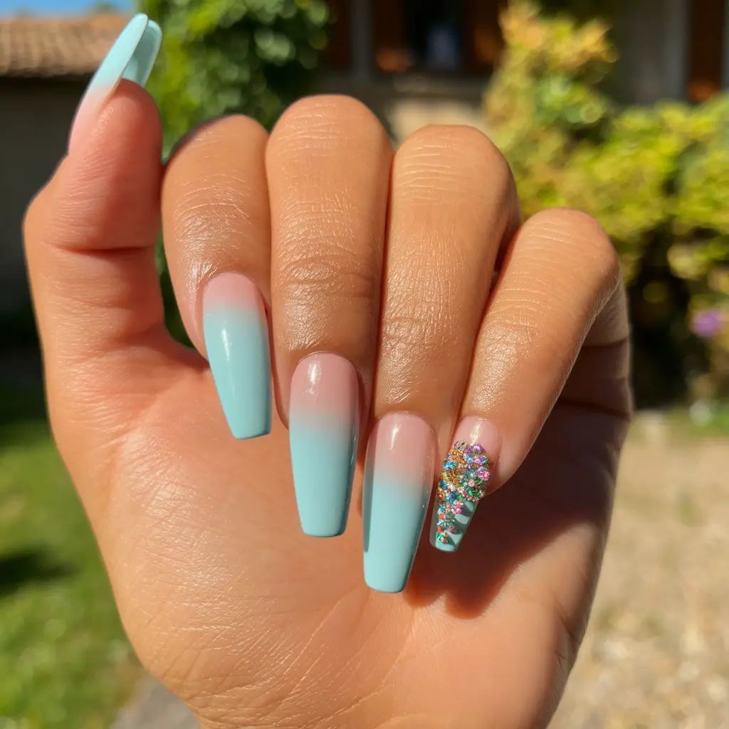 blue nails summer design Cotton-Candy Ombre with Crystal Accent