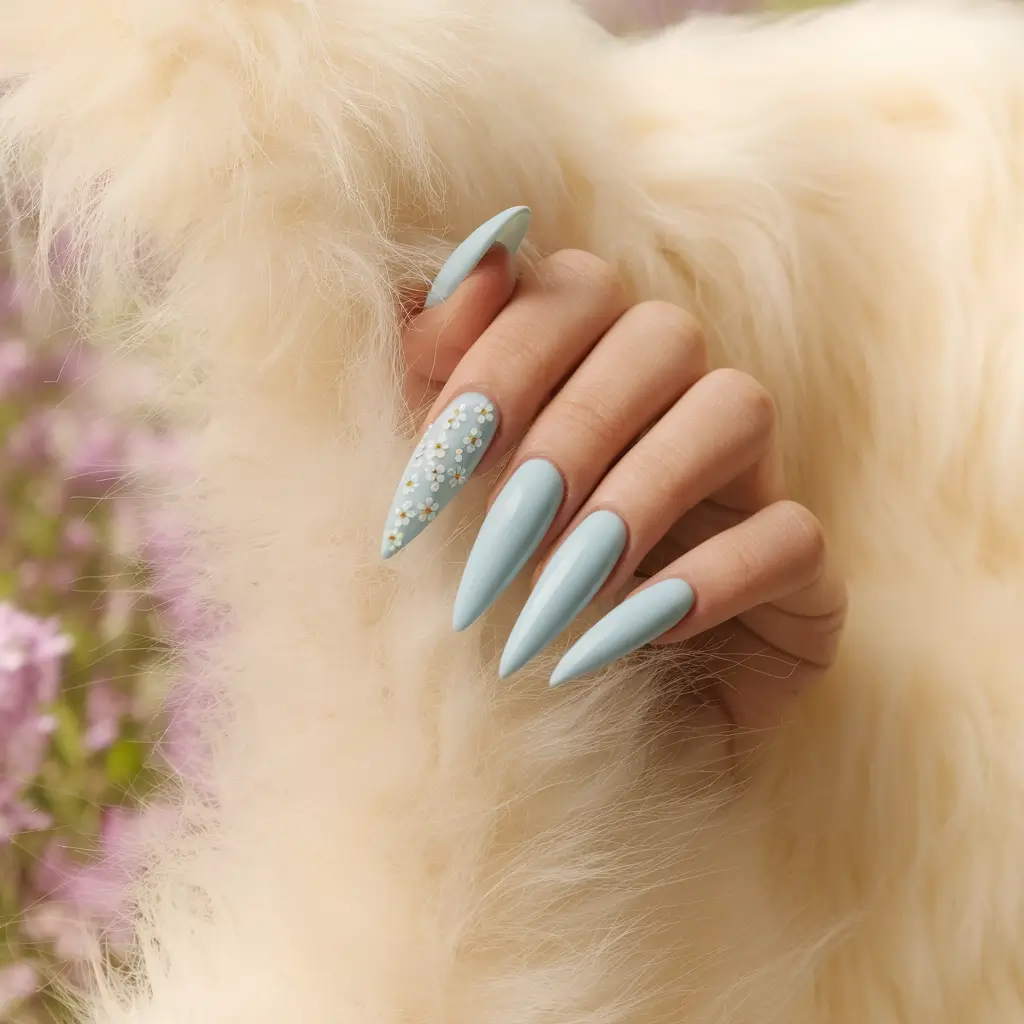 blue nails summer flower Matte Sky Tips with Micro Florals